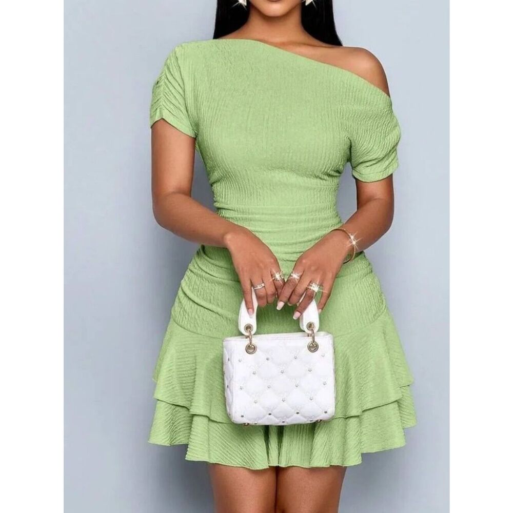 Off-Shoulder Textured Bodycon Ruched Ruffle Hem Dress in Lime - Picture 2 of 5